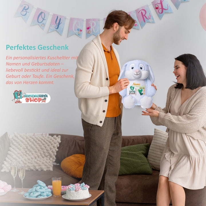 Personalisiertes Kuscheltier Hase Blau mit Name – Blue Bunny Plüschtier für Babys & Kinder | Geschenk zur Geburt, Taufe oder Geburtstag