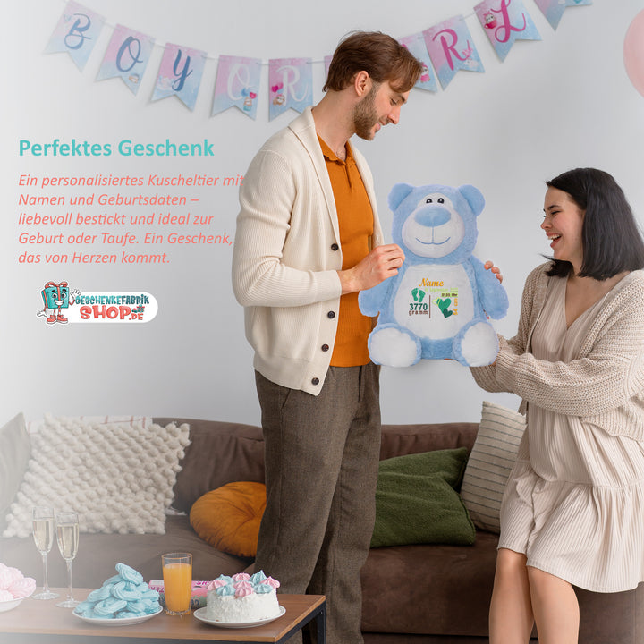Personalisiertes Kuscheltier Bär Blau mit Name & Krone – Prinz Plüschtier für Babys & Kinder | Geschenk zur Geburt, Taufe oder Geburtstag
