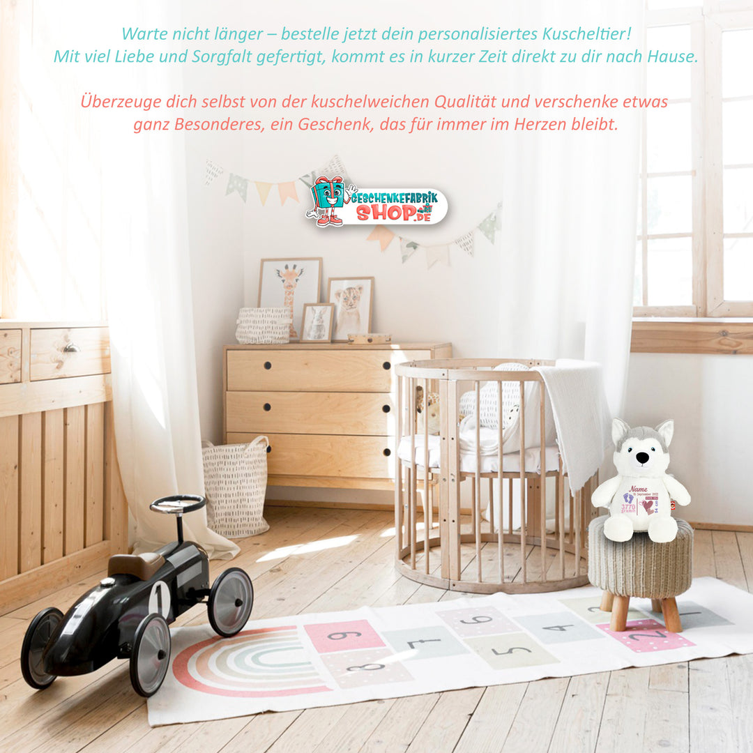 Personalisiertes Kuscheltier Wolf mit Name & Geburtsdaten – Geschenk zur Geburt oder Taufe