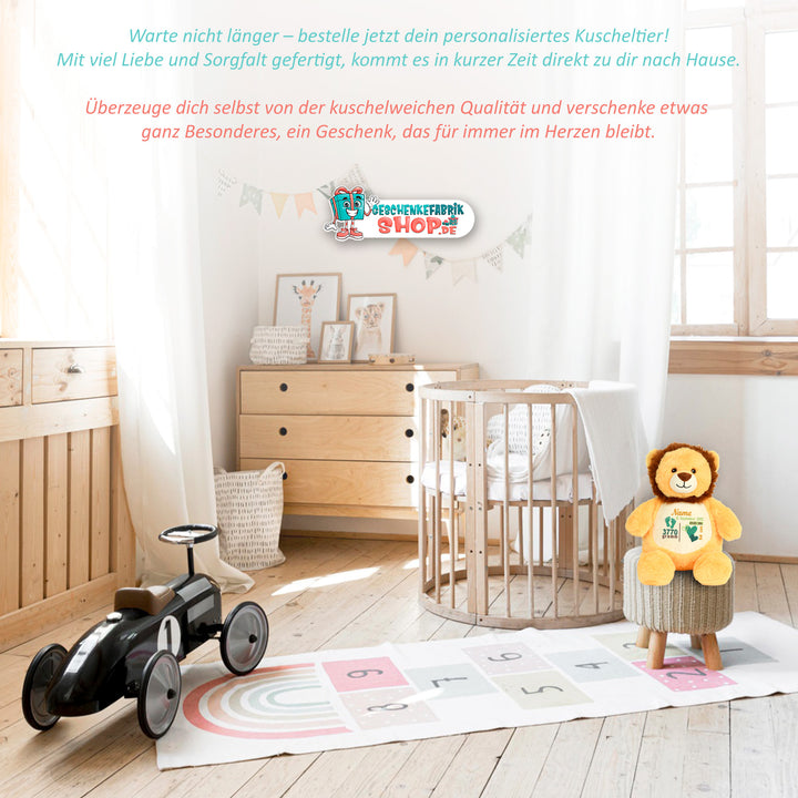 Personalisiertes Kuscheltier Baby Lion mit Name & Geburtsdaten – Geschenk zur Geburt oder Taufe