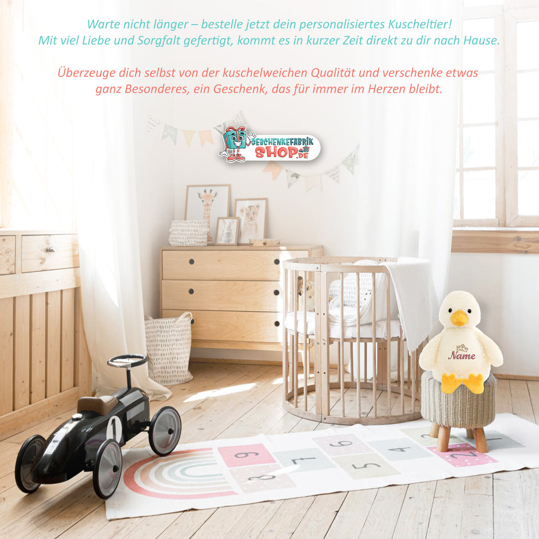 Personalisiertes Kuscheltier Ente mit Name & Krone – Prinzessin/Prinz Plüschtier für Babys & Kinder | Geschenk zur Geburt, Taufe oder Geburtstag