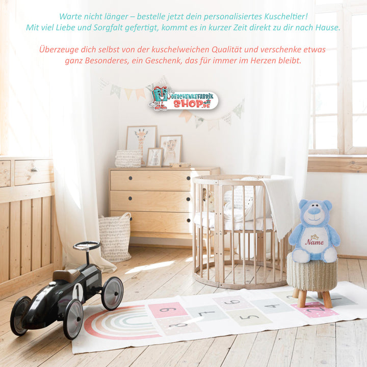 Personalisiertes Kuscheltier Bär Blau mit Name & Krone – Prinz Plüschtier für Babys & Kinder | Geschenk zur Geburt, Taufe oder Geburtstag