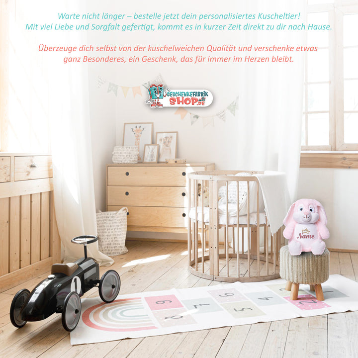 Personalisiertes Kuscheltier Hase Rosa mit Name & Krone – Prinzessin Bunny Plüschtier für Babys & Kinder | Geschenk zur Geburt, Taufe oder Geburtstag