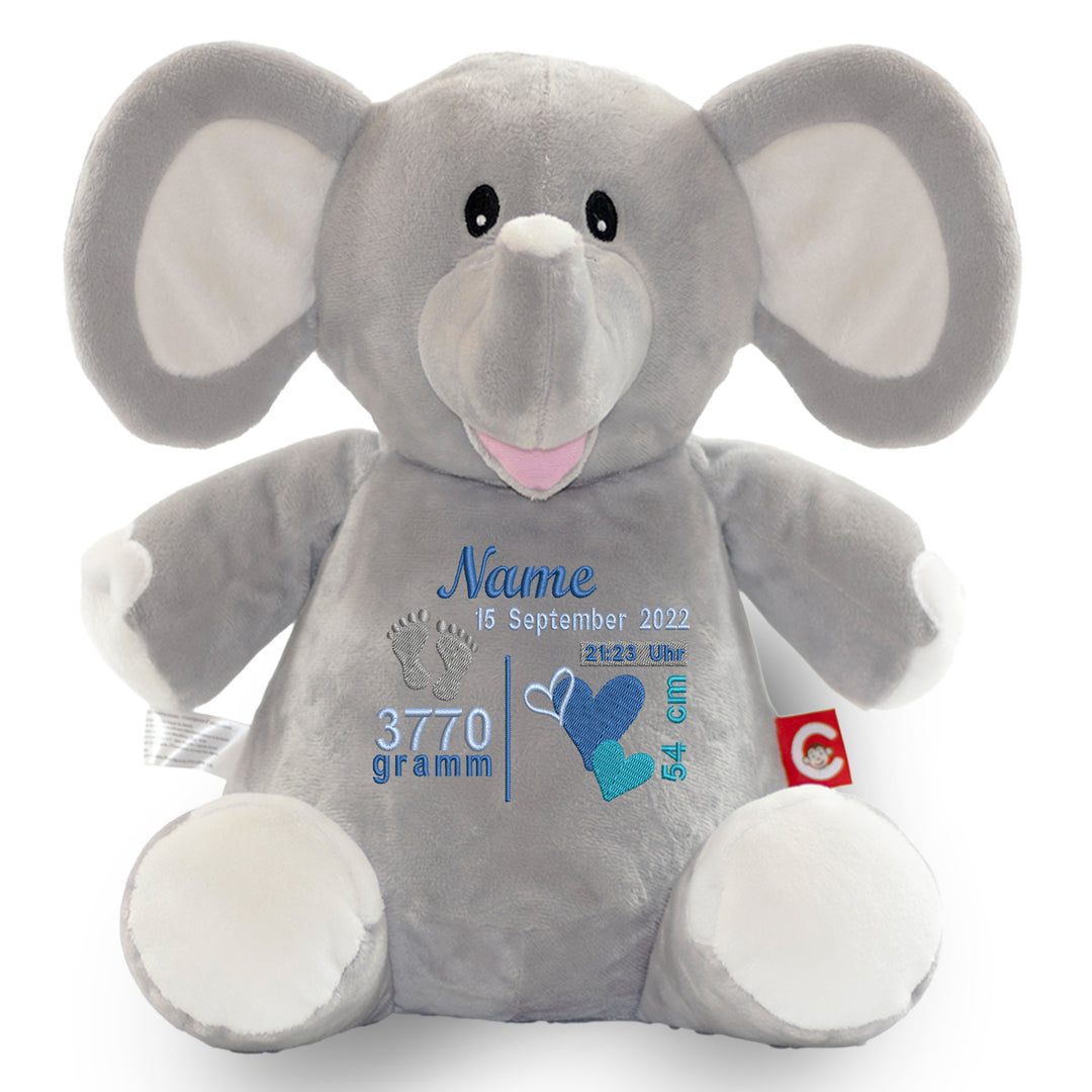 Personalisiertes Kuscheltier Grey Elephant mit Name & Geburtsdaten – Geschenk zur Geburt oder Taufe