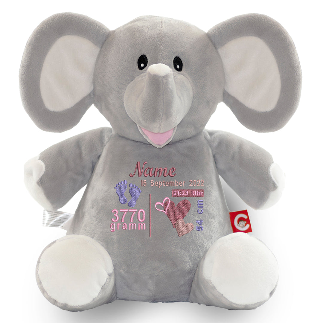 Personalisiertes Kuscheltier Grey Elephant mit Name & Geburtsdaten – Geschenk zur Geburt oder Taufe