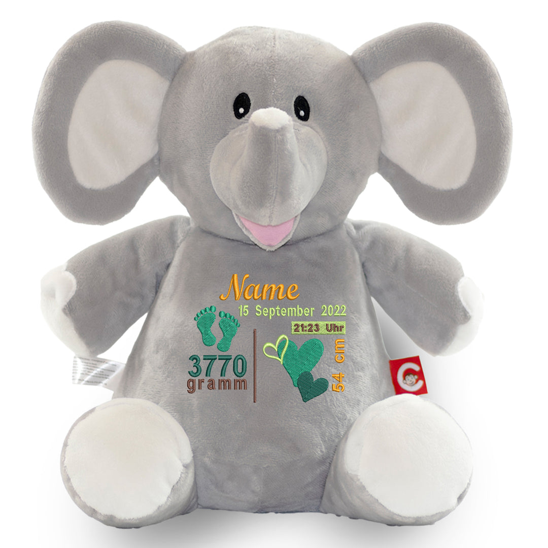 Personalisiertes Kuscheltier Grey Elephant mit Name & Geburtsdaten – Geschenk zur Geburt oder Taufe