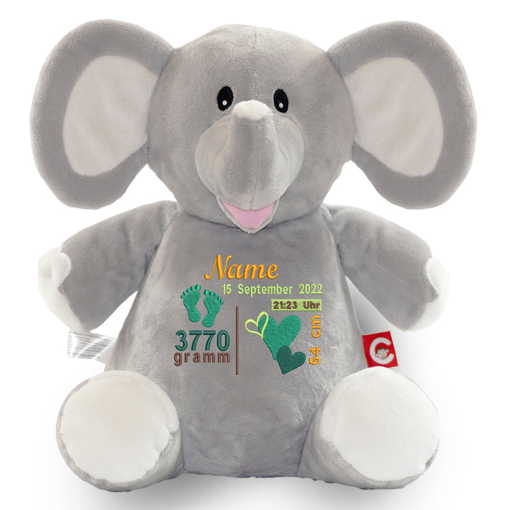 Personalisiertes Kuscheltier Grey Elephant mit Name & Geburtsdaten – Geschenk zur Geburt oder Taufe