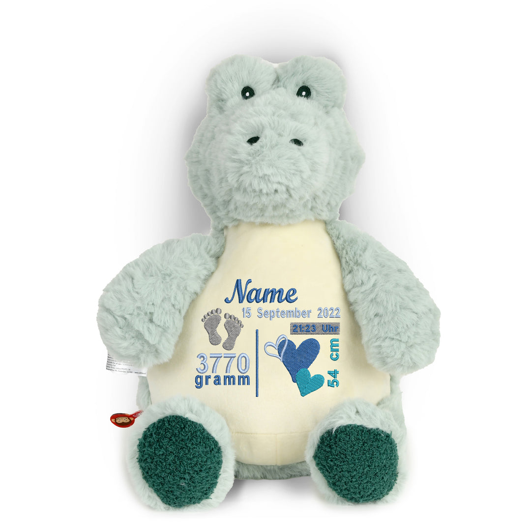 Personalisiertes Kuscheltier Baby Alligator mit Name & Geburtsdaten – Geschenk zur Geburt oder Taufe