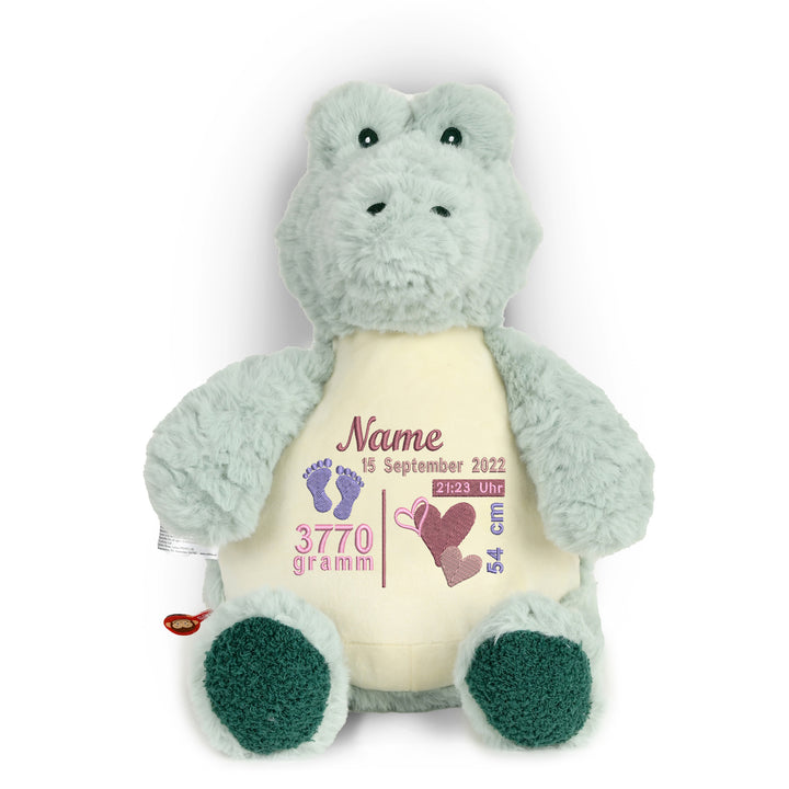 Personalisiertes Kuscheltier Baby Alligator mit Name & Geburtsdaten – Geschenk zur Geburt oder Taufe