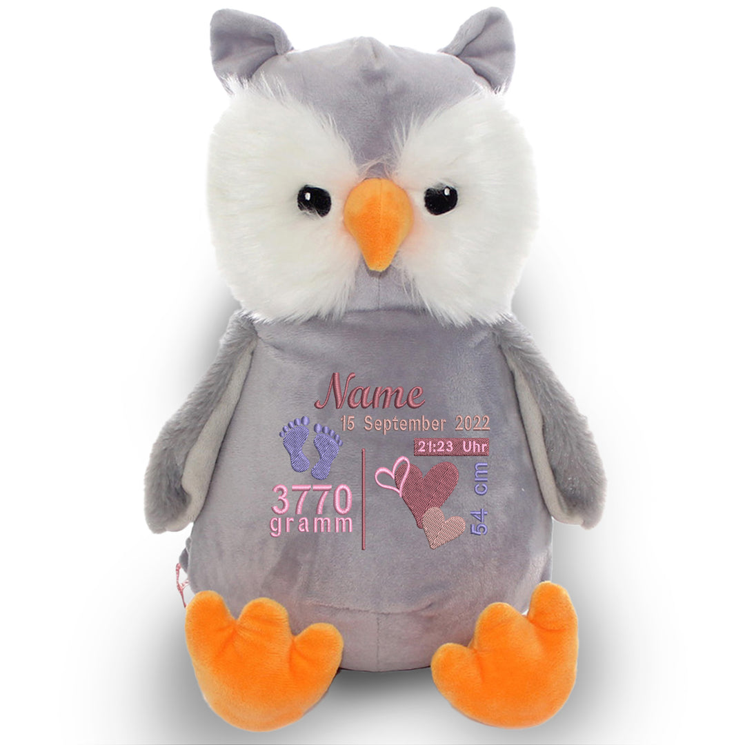 Personalisiertes Kuscheltier Owl mit Name & Geburtsdaten – Geschenk zur Geburt oder Taufe