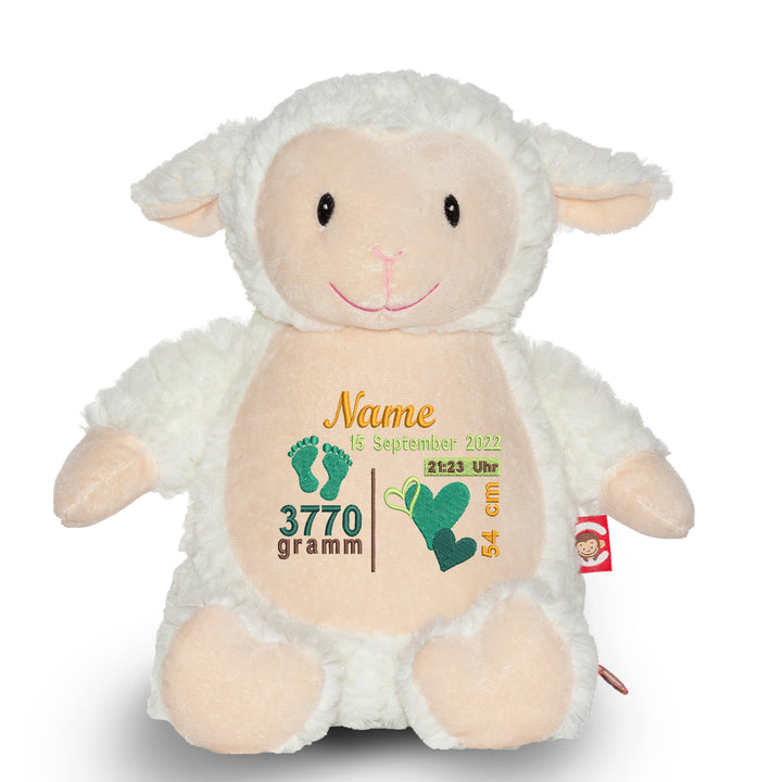 Personalisiertes Kuscheltier Fluffy Lamb mit Name & Geburtsdaten – Geschenk zur Geburt oder Taufe