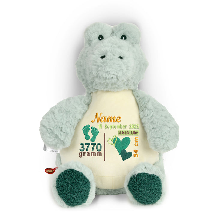 Personalisiertes Kuscheltier Baby Alligator mit Name & Geburtsdaten – Geschenk zur Geburt oder Taufe