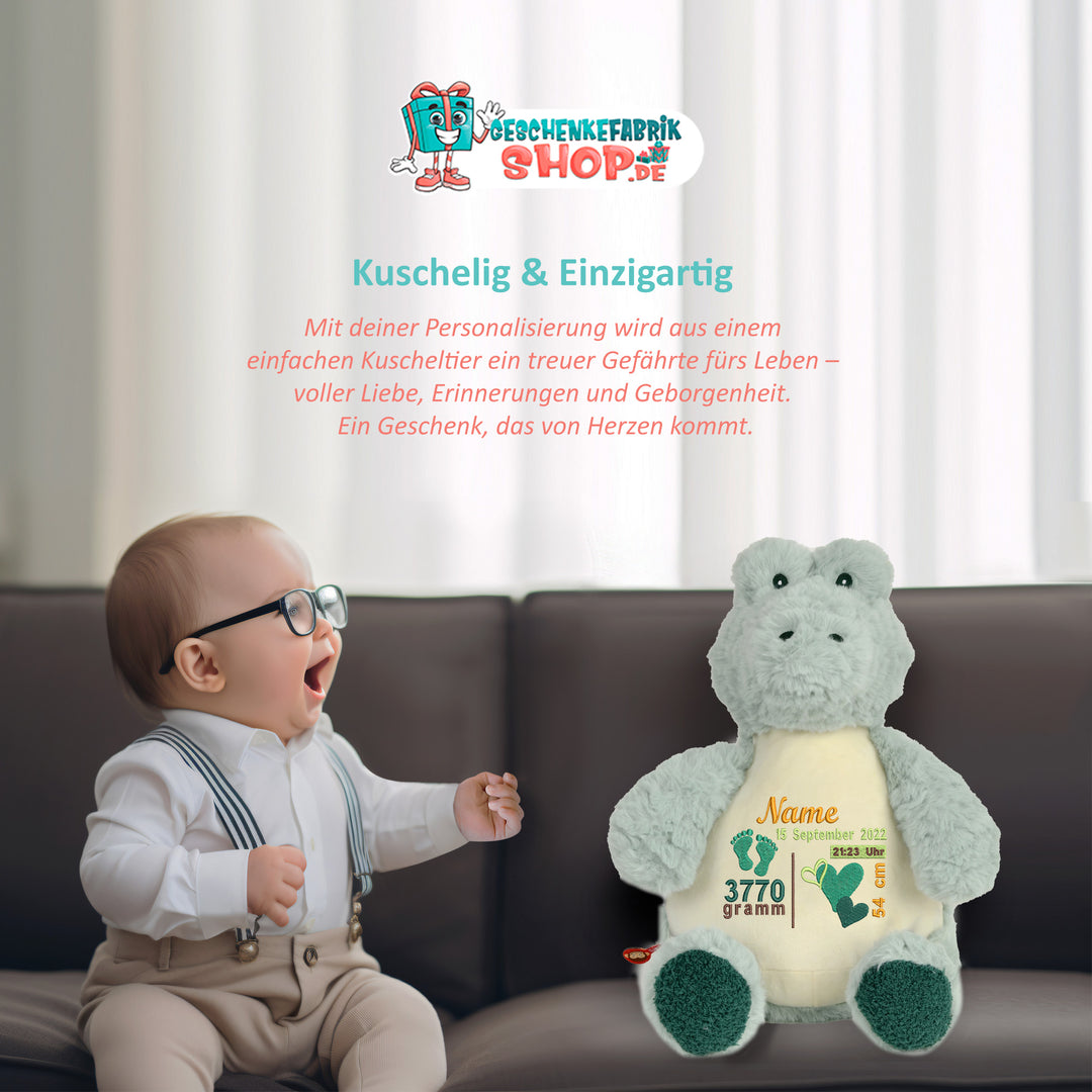 Personalisiertes Kuscheltier Baby Alligator mit Name & Geburtsdaten – Geschenk zur Geburt oder Taufe