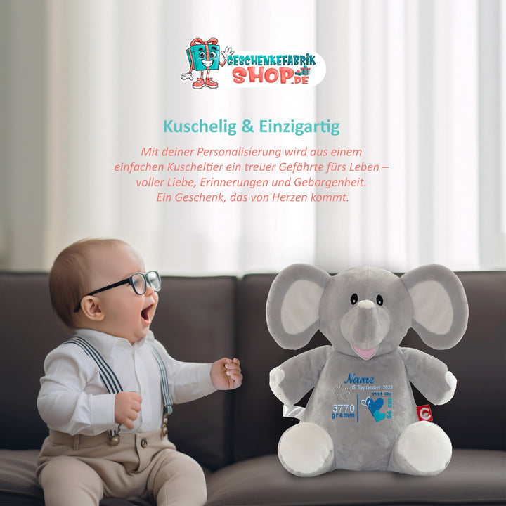 Personalisiertes Kuscheltier Grey Elephant mit Name & Geburtsdaten – Geschenk zur Geburt oder Taufe