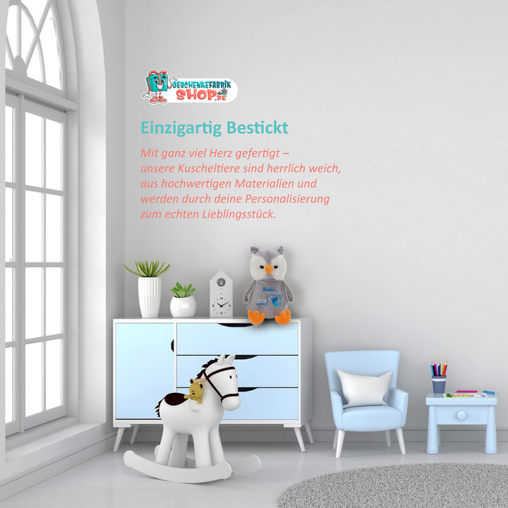 Personalisiertes Kuscheltier Owl mit Name & Geburtsdaten – Geschenk zur Geburt oder Taufe