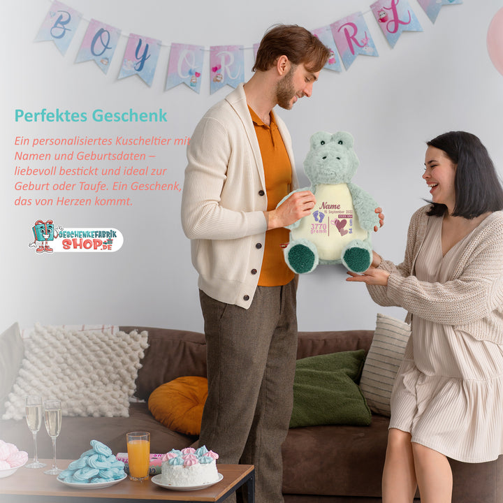 Personalisiertes Kuscheltier Baby Alligator mit Name & Geburtsdaten – Geschenk zur Geburt oder Taufe