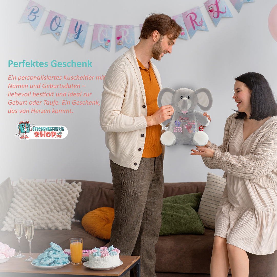Personalisiertes Kuscheltier Grey Elephant mit Name & Geburtsdaten – Geschenk zur Geburt oder Taufe