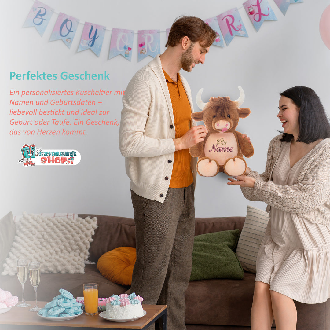 Personalisiertes Kuscheltier Highland-Kuh mit Name – Geschenk zur Geburt oder Taufe