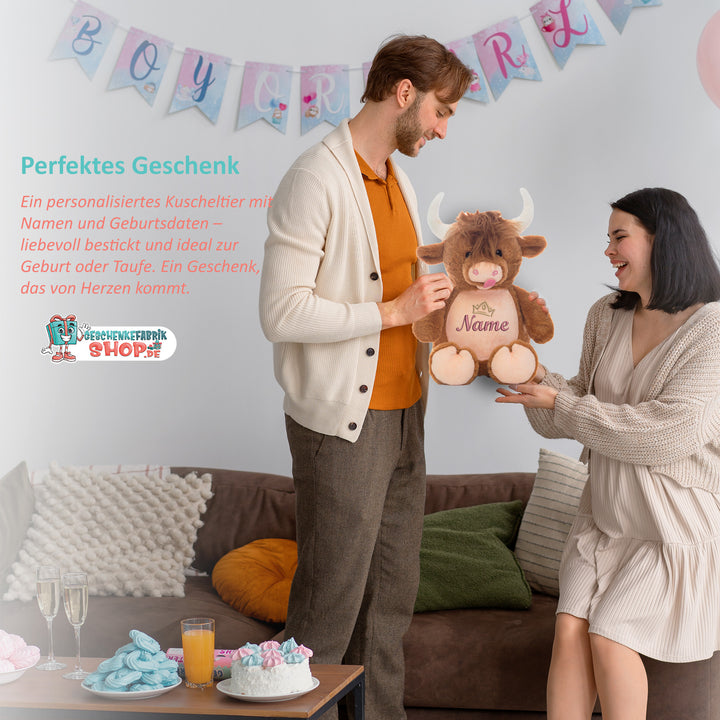 Personalisiertes Kuscheltier Highland-Kuh mit Name – Geschenk zur Geburt oder Taufe