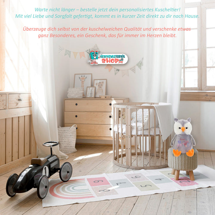 Personalisiertes Kuscheltier Owl mit Name & Geburtsdaten – Geschenk zur Geburt oder Taufe