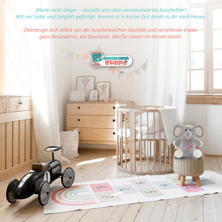 Personalisiertes Kuscheltier Grey Elephant mit Name & Geburtsdaten – Geschenk zur Geburt oder Taufe