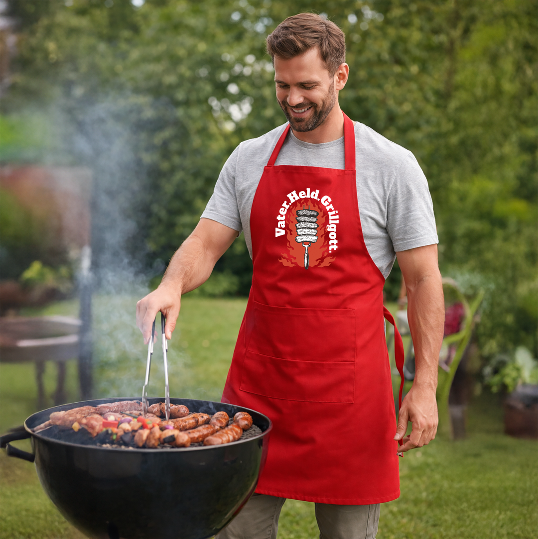 Grillschürze „Grillgott“ – Lustige BBQ Schürze für Männer | Perfektes Geschenk für Grillmeister & Vatertag