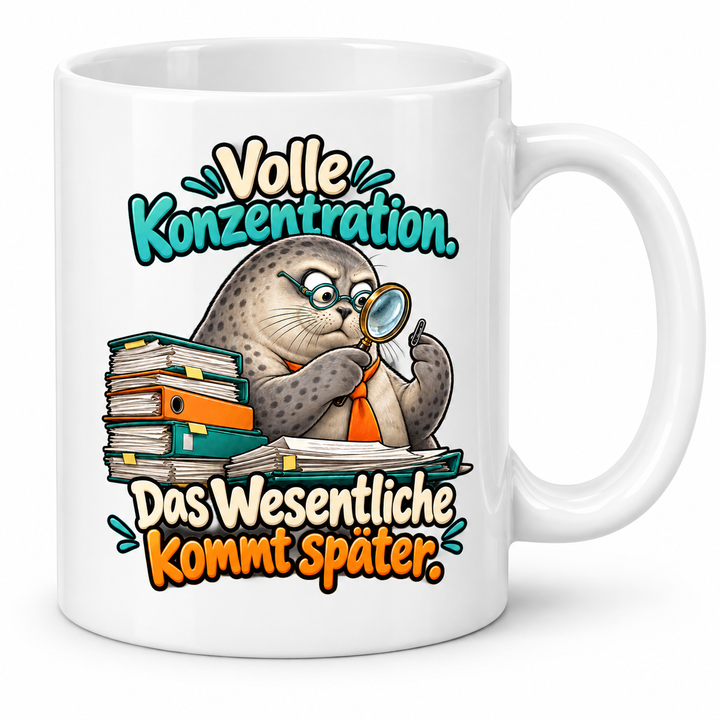 Seehund-Tasse „Das Wesentliche kommt später“ – Weiß