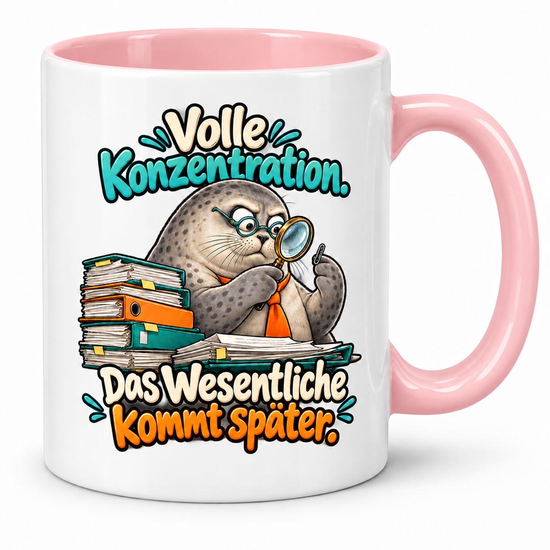 Seehund-Tasse „Das Wesentliche kommt später“ – Rosa