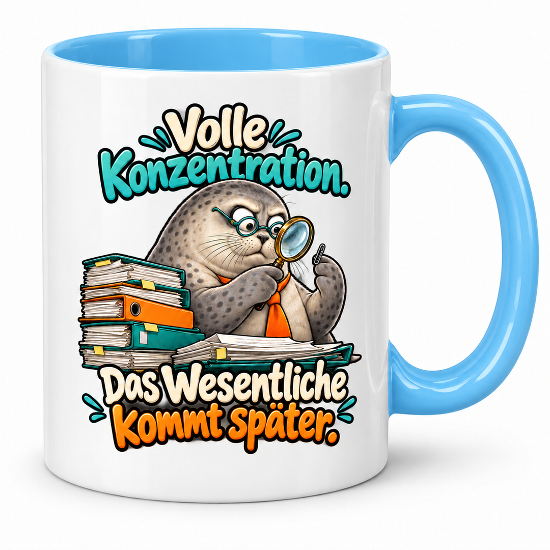 Seehund-Tasse „Das Wesentliche kommt später“ – Blau