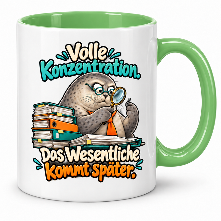 Seehund-Tasse „Das Wesentliche kommt später“ – Grün