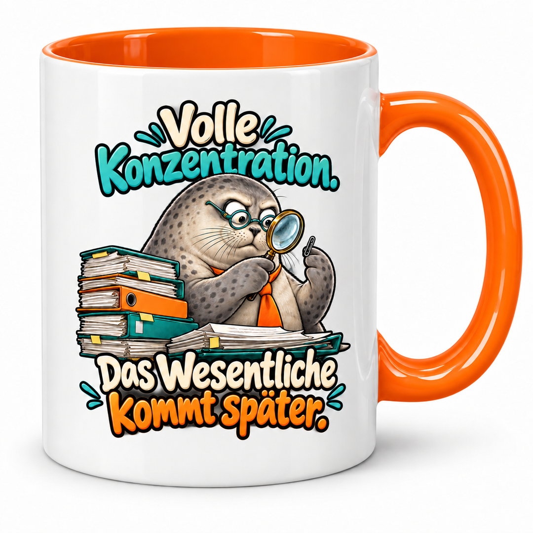 Seehund-Tasse „Das Wesentliche kommt später“ – Orange