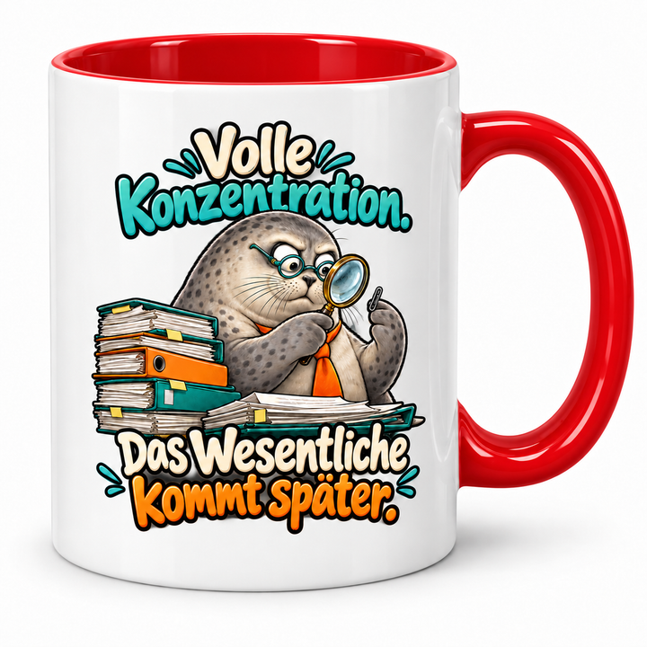 Seehund-Tasse „Das Wesentliche kommt später“ – Rot