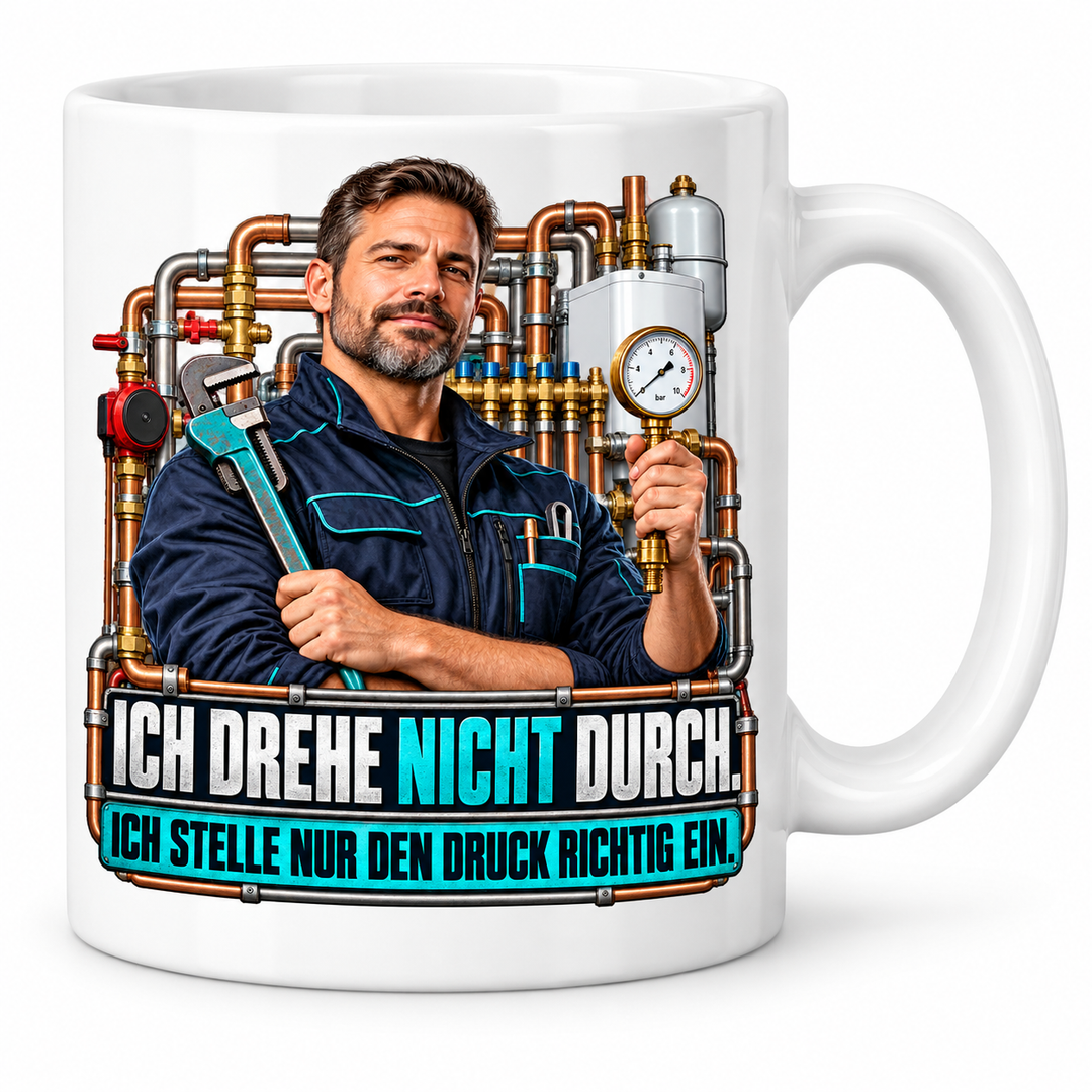 PEPAM SHK-Tasse „Ich drehe nicht durch. Ich stelle nur den Druck richtig ein.“ – Weiß