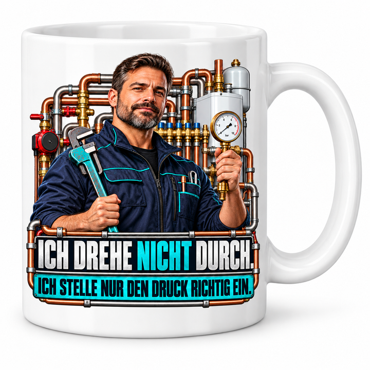 PEPAM SHK-Tasse „Ich drehe nicht durch. Ich stelle nur den Druck richtig ein.“ – Weiß