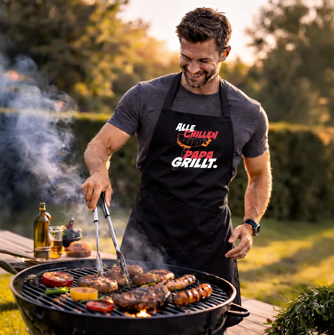 Grillschürze „Alle chillen, Papa grillt“ – Lustige Kochschürze für Männer | Perfektes Geschenk für Vatertag & BBQ