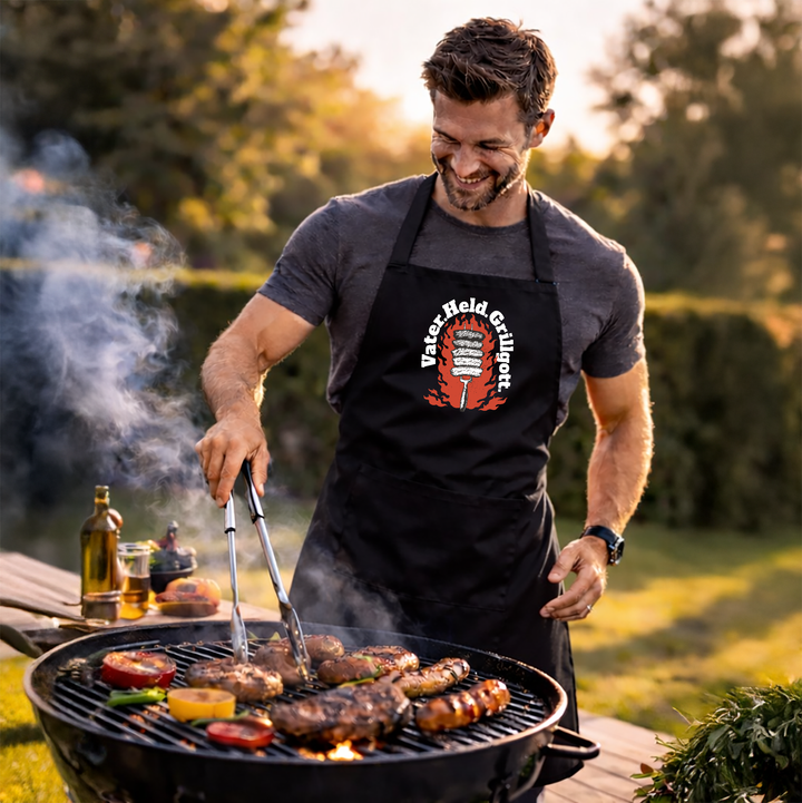 Grillschürze „Grillgott“ – Lustige BBQ Schürze für Männer | Perfektes Geschenk für Grillmeister & Vatertag