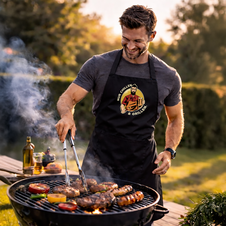 Grillschürze „Nur chillen und grillen“ – Lustige BBQ Schürze für Männer | Perfektes Geschenk für Grillfans