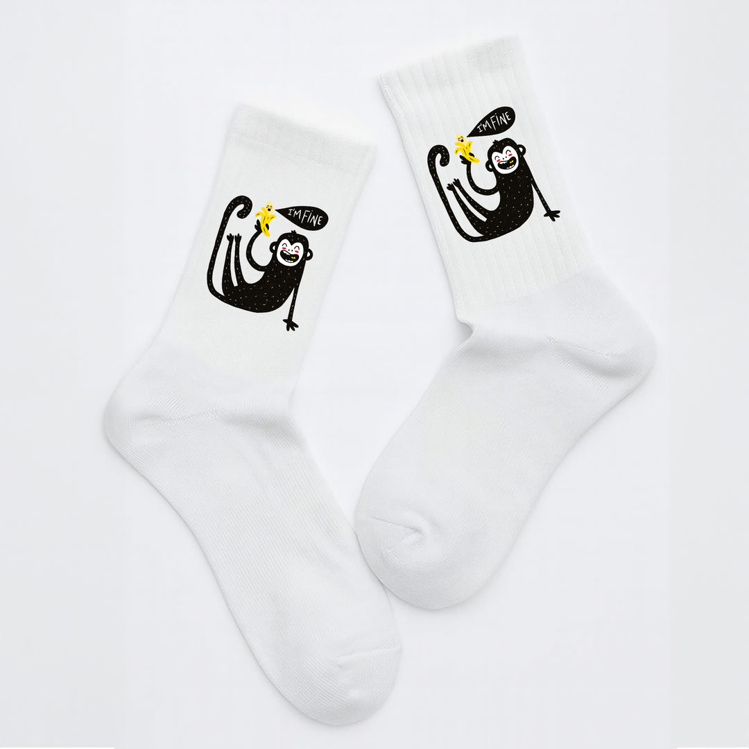 Lustige Socken „I’m Fine“ – Affe mit Banane | Witzige Motivsocken aus Bio-Baumwolle | Made in Europe