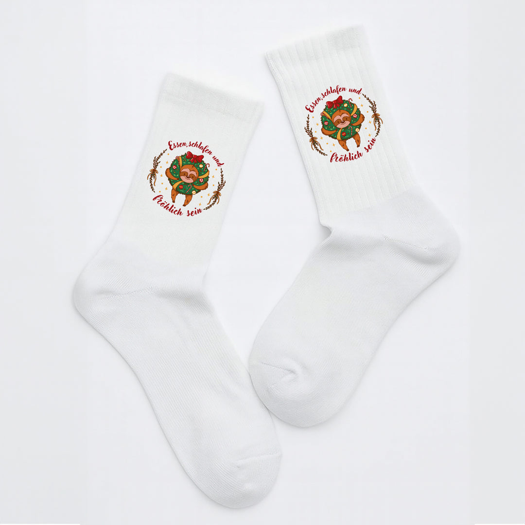 Socken „Essen. Schlafen. Und fröhlich sein.“ – Lustige Motivsocken | Positive Vibes & Gute Laune | Made in Europe