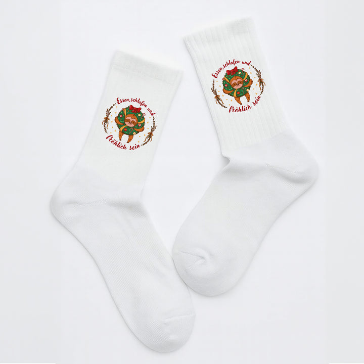 Socken „Essen. Schlafen. Und fröhlich sein.“ – Lustige Motivsocken | Positive Vibes & Gute Laune | Made in Europe