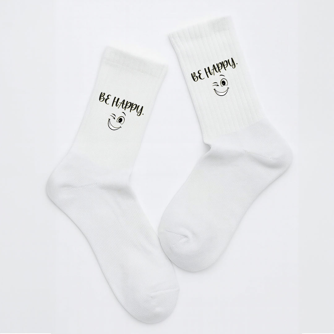 Socken „Be Happy“ – Positive Vibes Socken | Lustige Motivsocken mit Spruch | Geschenkidee für gute Laune