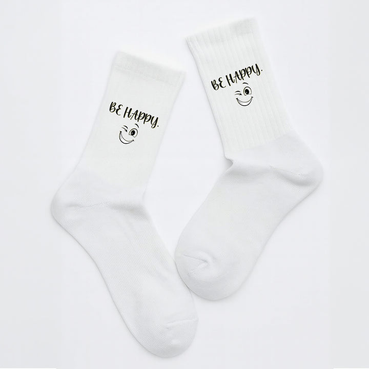 Socken „Be Happy“ – Positive Vibes Socken | Lustige Motivsocken mit Spruch | Geschenkidee für gute Laune