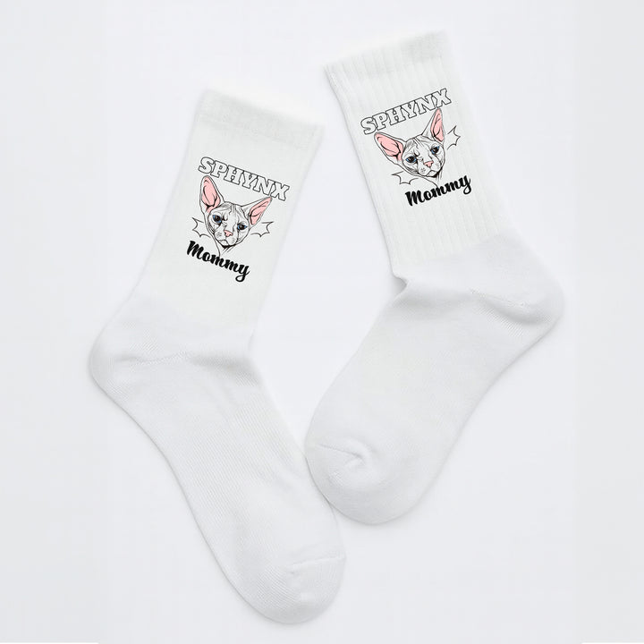 Socken „Sphynx Mommy“ – Lustige Katzen-Socken für Frauen | Geschenk für Sphynx-Liebhaberinnen | Tiermotiv aus Bio-Baumwolle | Made in Europe
