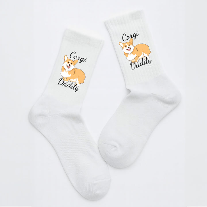 Socken „Corgi Daddy“ – Lustige Hunde-Socken | Geschenk für Corgi-Liebhaber | Tiermotiv aus Bio-Baumwolle | Made in Europe