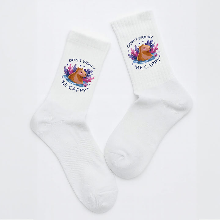 Socken „Don’t worry, be cappy“ – Lustige Capybara-Socken | Funny Animal Socks | Gute-Laune-Motiv aus Bio-Baumwolle
