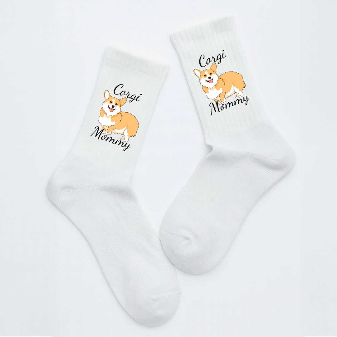 Socken „Corgi Mommy“ – Lustige Hunde-Socken für Frauen | Geschenk für Corgi-Liebhaberinnen | Tiermotiv aus Bio-Baumwolle