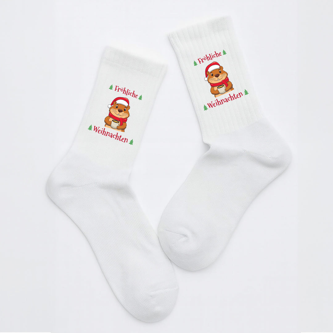 Socken „Fröhliche Weihnachten“ – Lustige Weihnachtssocken mit Biber-Motiv | Weihnachtsgeschenk aus Bio-Baumwolle | Made in Europe