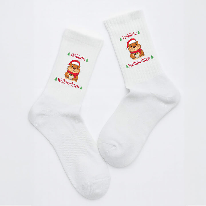 Socken „Fröhliche Weihnachten“ – Lustige Weihnachtssocken mit Biber-Motiv | Weihnachtsgeschenk aus Bio-Baumwolle | Made in Europe