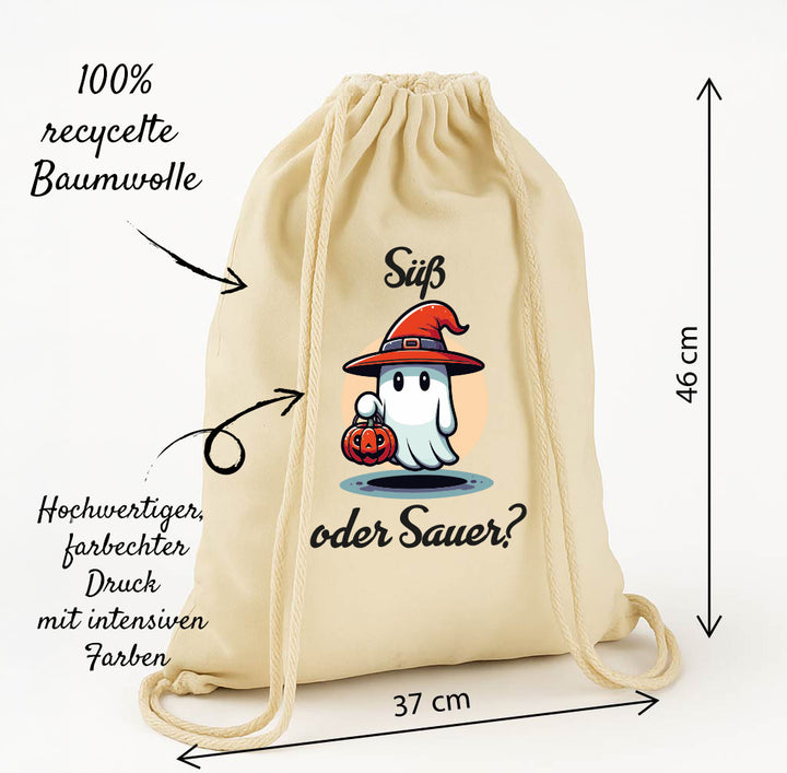 Kinder Halloween Tasche „Süß oder Sauer?“ – Stoffbeutel mit Kordeln aus Bio-Baumwolle