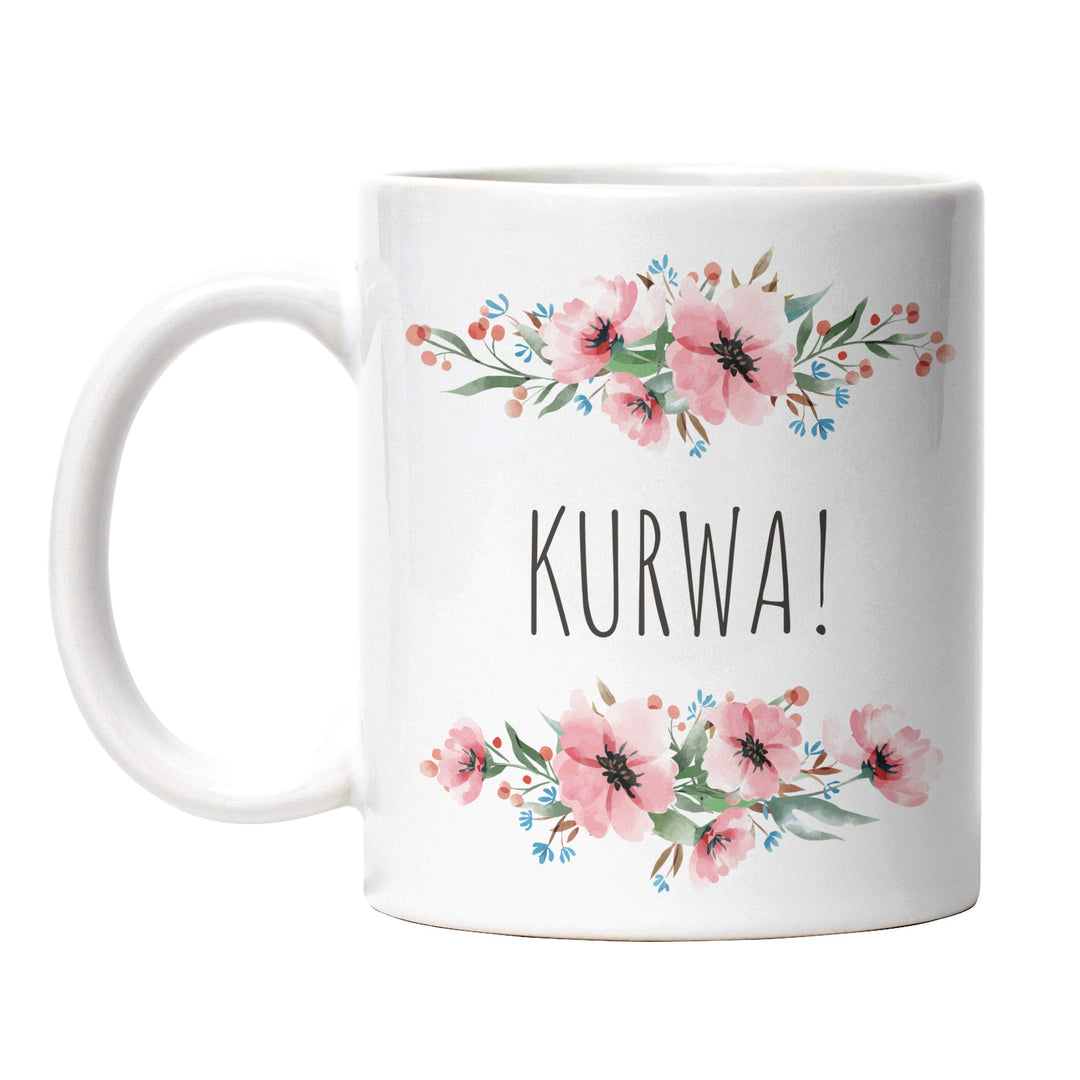 Tasse "Kurwa" – Lustiges Geschenk mit Blumen-Design für Kaffee- & Teeliebhaber